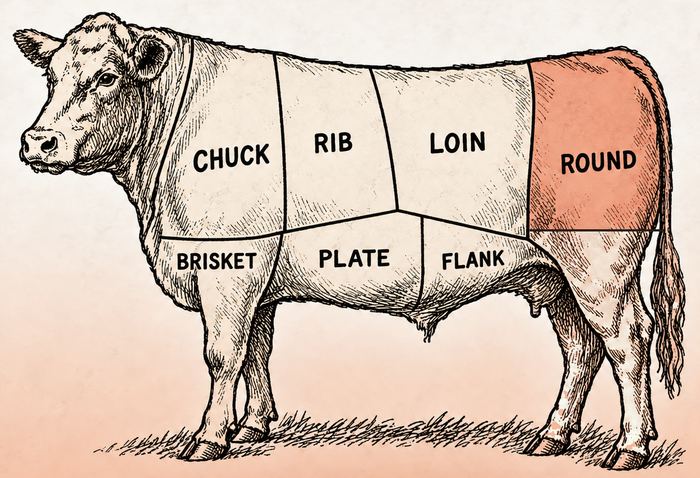 Butcher chart of a steer with the top of the round shaded, the part an eighth share comes from