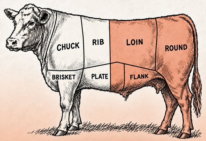 Butcher chart of a steer with the loin, flank and round shaded, the half a half share comes from