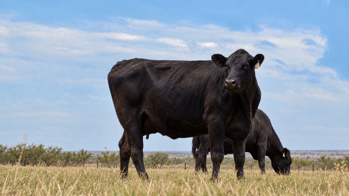 A black cow standing in prairie grass under a wide blue sky
